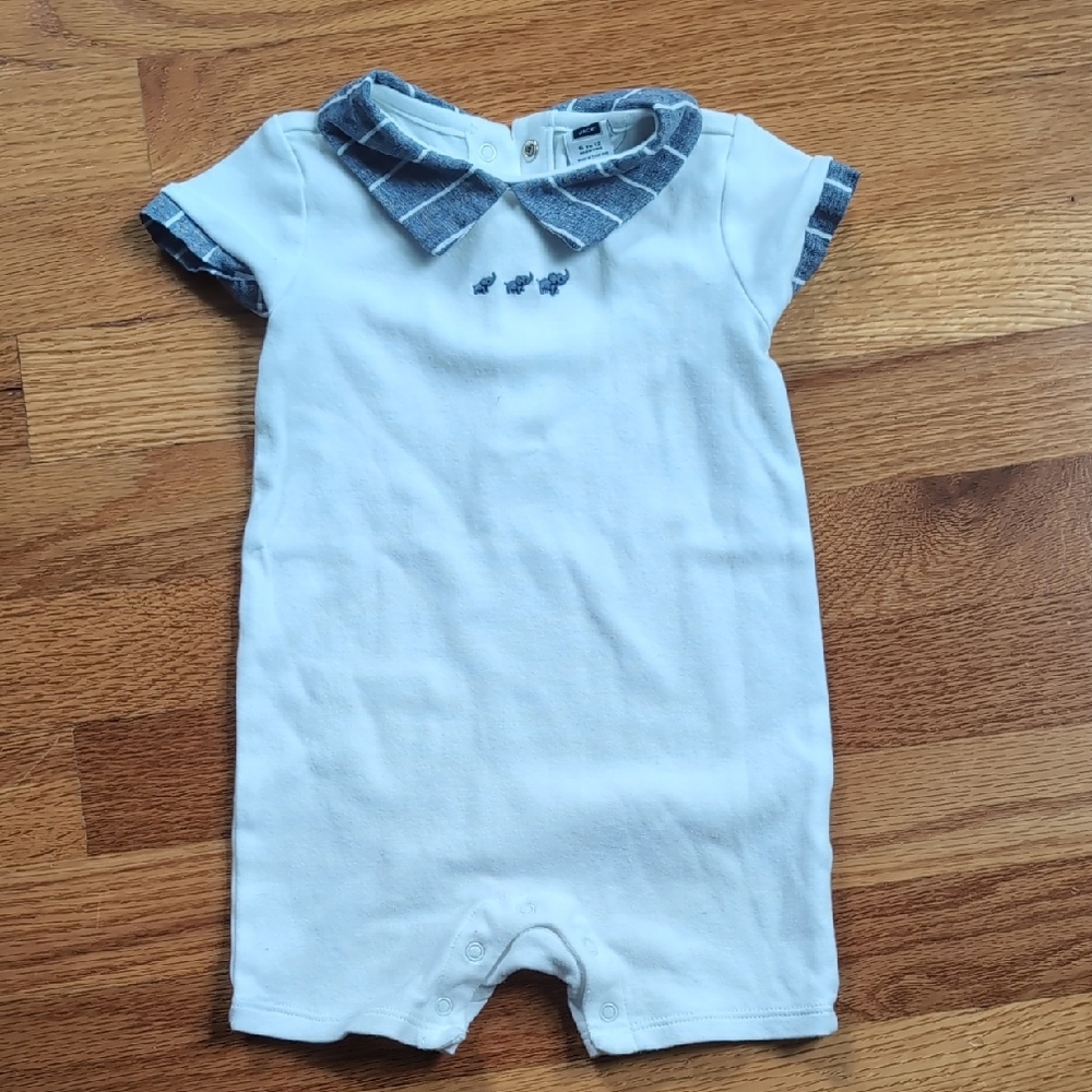 Janie and Jack White Romper w Blue Accents - Size 6-12 mos